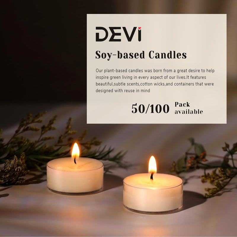 Devi Soy Wax Tea Lights Candles 100 Pack Paraffin-Free, Soy Tea Lights Bulk-4 Hours Long Burning, Unscented White Small Votive Candles, Votives Bulk for Wedding Baby Shower Favors - Image 4